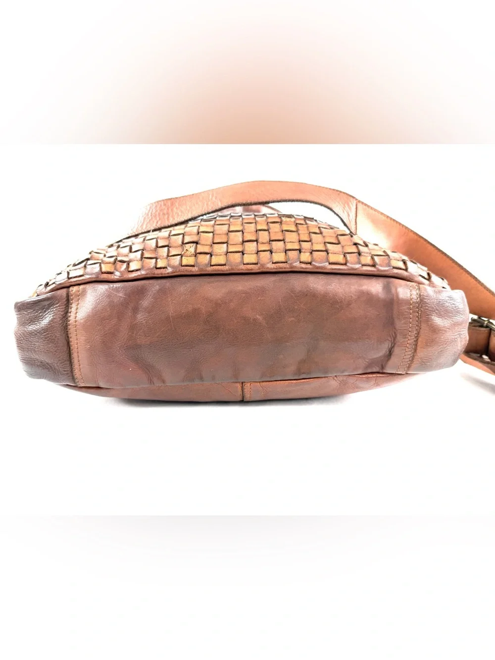 Kompanero Unisex Brown Woven Leather Laptop Bag Bronze Logo Hardware
